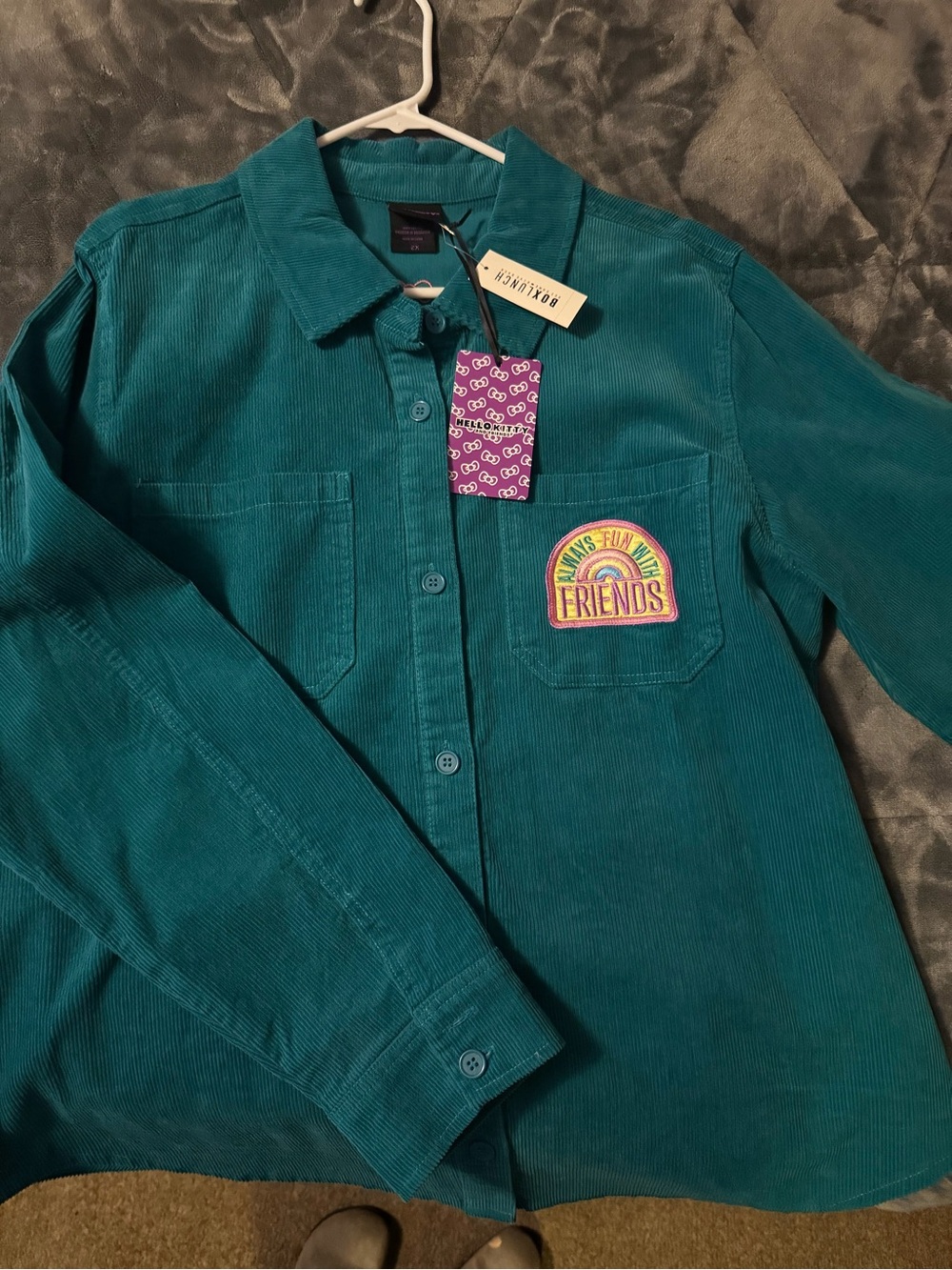Women’s hello kitty Teal Corduroy Button-Up Shirt with Friends Patch